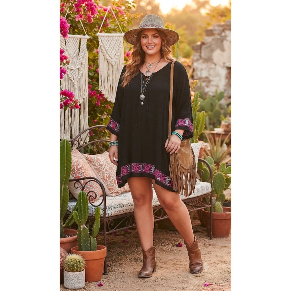 Umgee USA Black Boho Embroidered Lace Up Tunic Dress XL Pink White Peasant